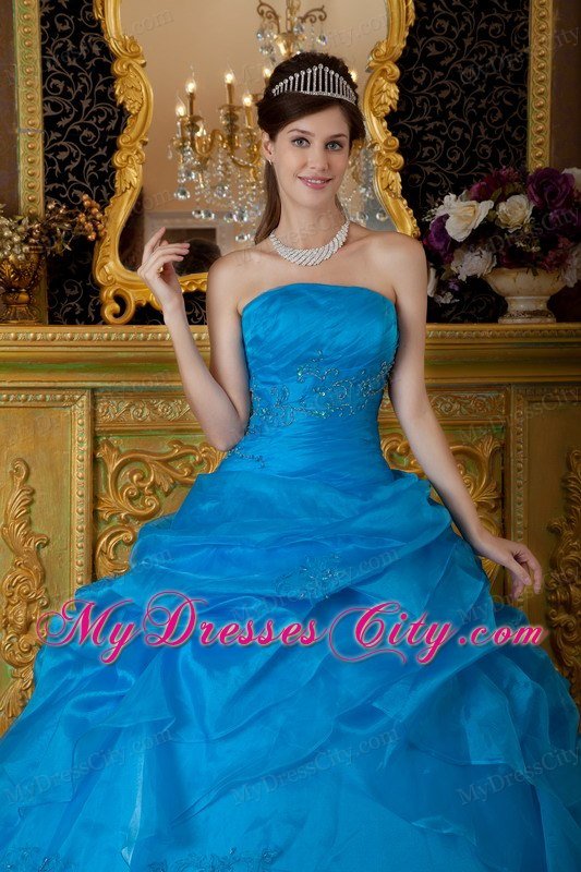 Custom Size Strapless Organza Appliques Blue Quinceanera Dresses