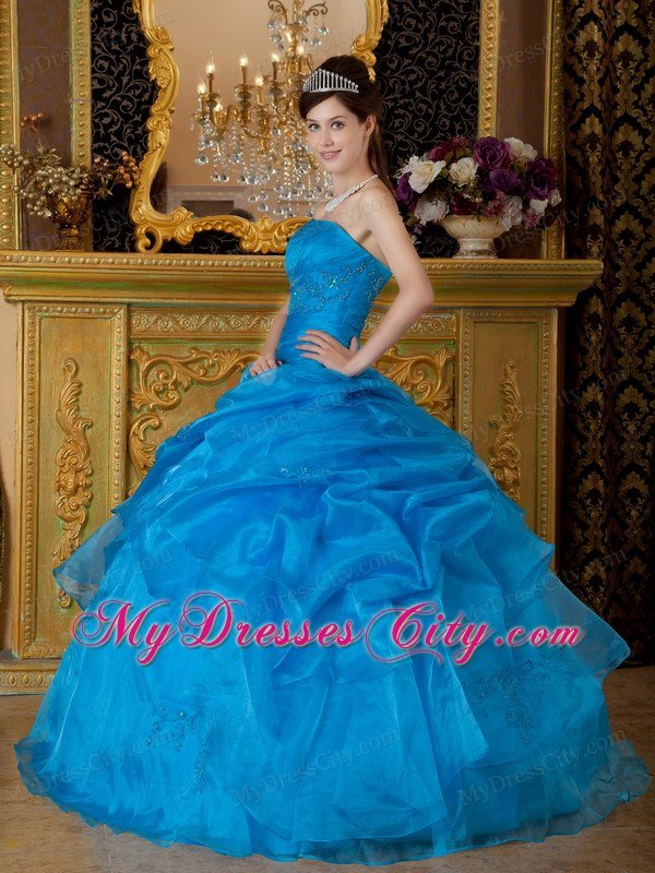 Custom Size Strapless Organza Appliques Blue Quinceanera Dresses