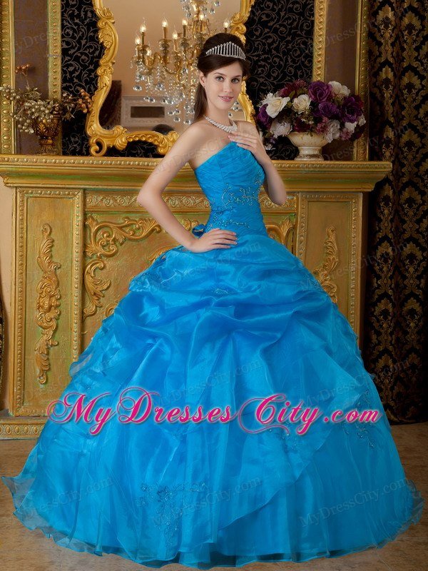 Custom Size Strapless Organza Appliques Blue Quinceanera Dresses