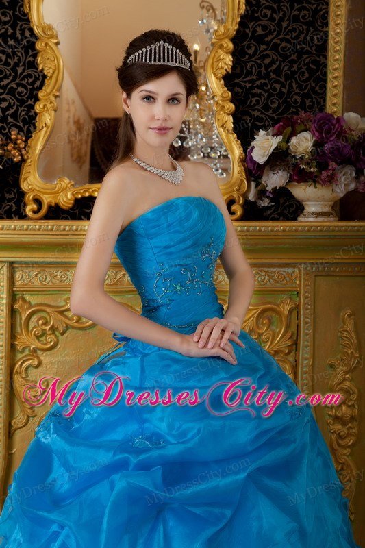 Custom Size Strapless Organza Appliques Blue Quinceanera Dresses