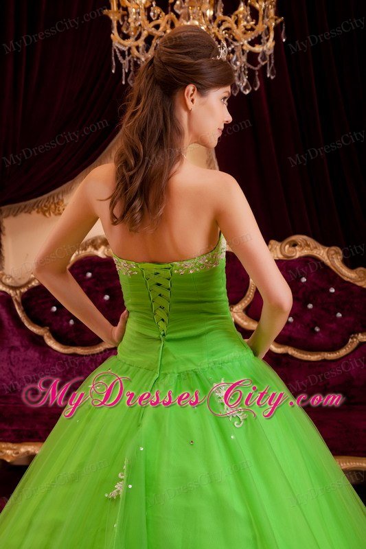 Tulle A-line Princess Appliques Spring Green Quinceanera Gowns