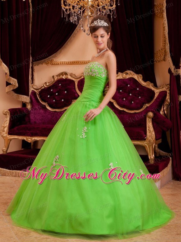 Tulle A-line Princess Appliques Spring Green Quinceanera Gowns