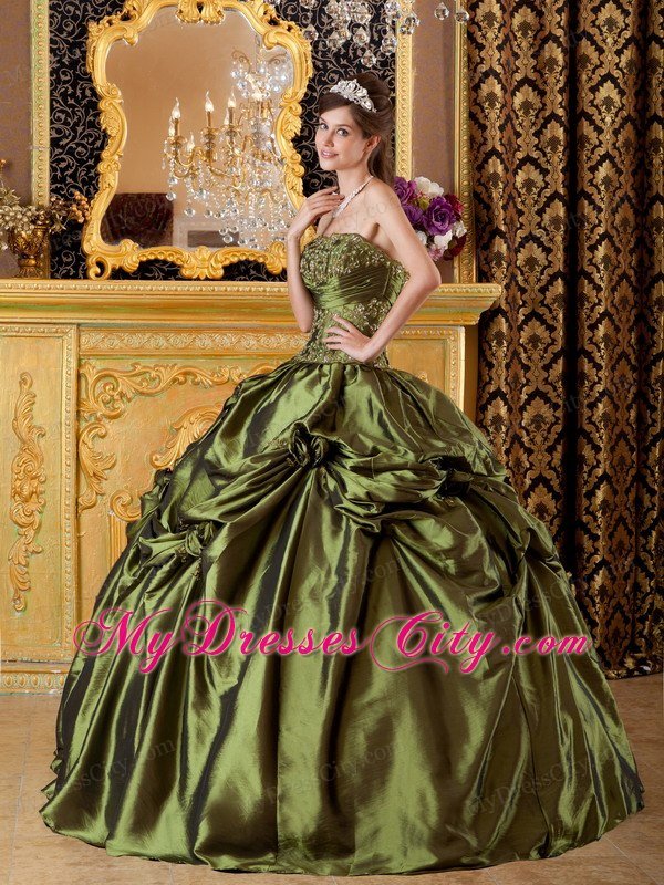 Strapless Taffeta Pick Ups Hand Flowers Olive Green Quinceanera Dress