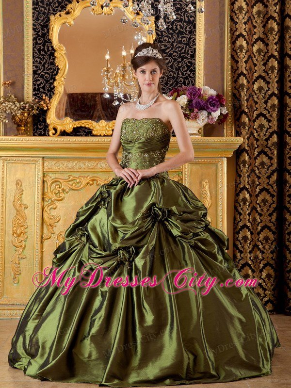 Strapless Taffeta Pick Ups Hand Flowers Olive Green Quinceanera Dress