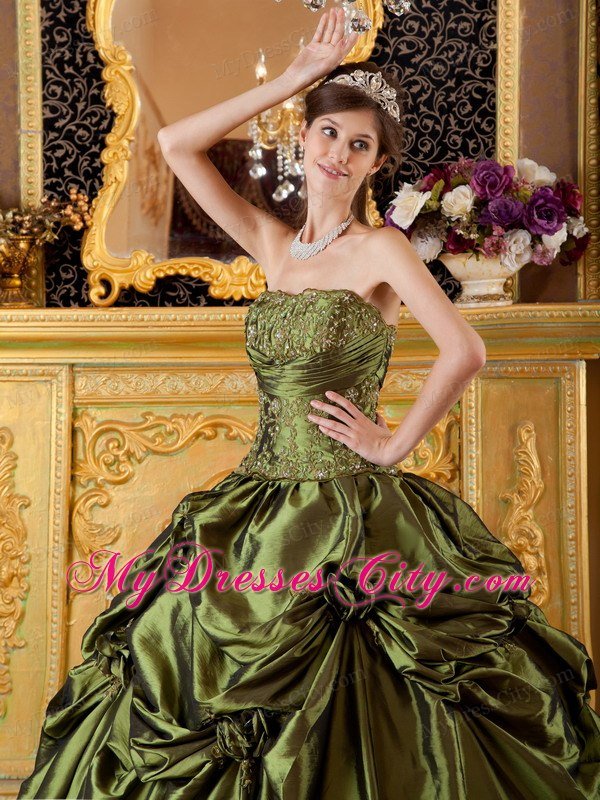 Strapless Taffeta Pick Ups Hand Flowers Olive Green Quinceanera Dress