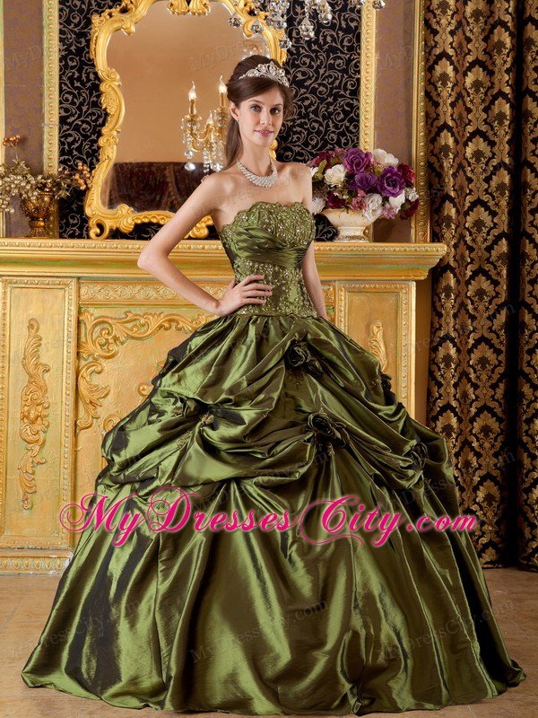 Strapless Taffeta Pick Ups Hand Flowers Olive Green Quinceanera Dress