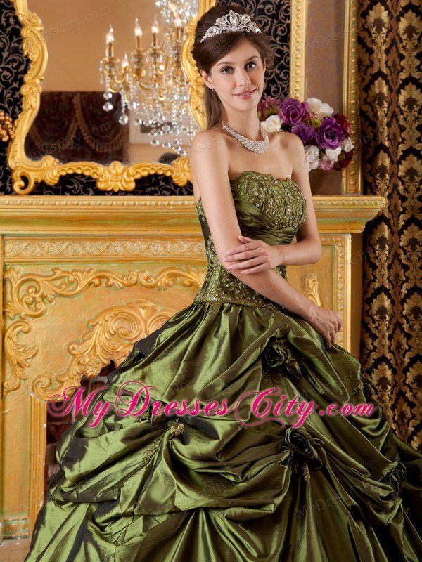 Strapless Taffeta Pick Ups Hand Flowers Olive Green Quinceanera Dress