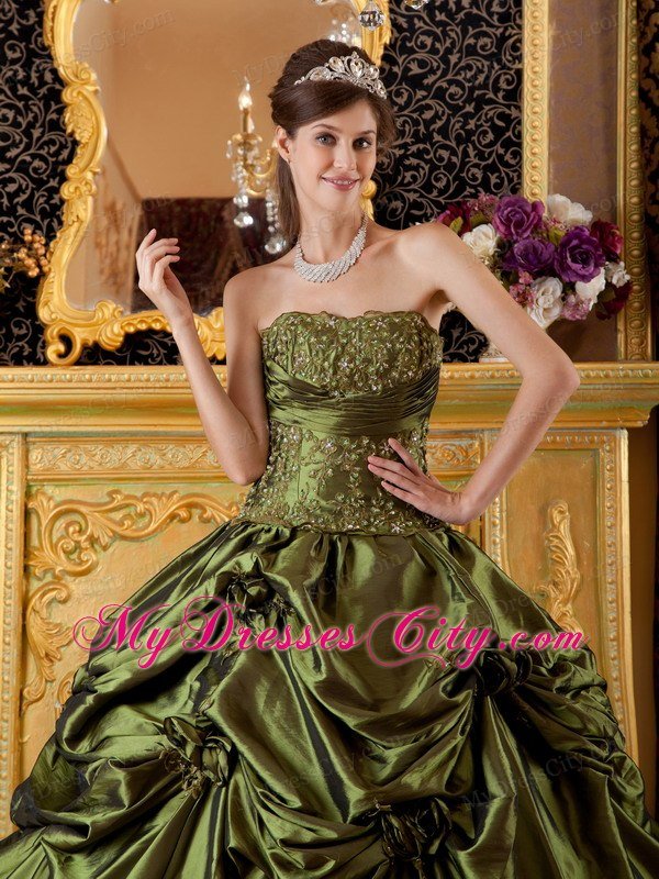 Strapless Taffeta Pick Ups Hand Flowers Olive Green Quinceanera Dress