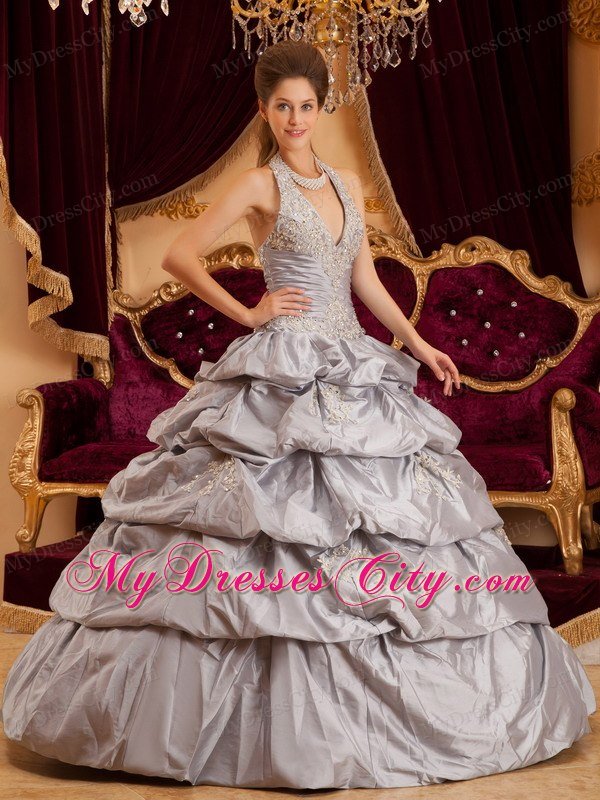 Grey Halter Taffeta Appliques Tiered Quinceanera Dress 2013