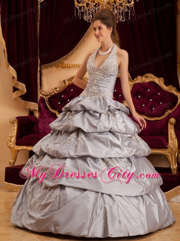 Grey Halter Taffeta Appliques Tiered Quinceanera Dress 2013