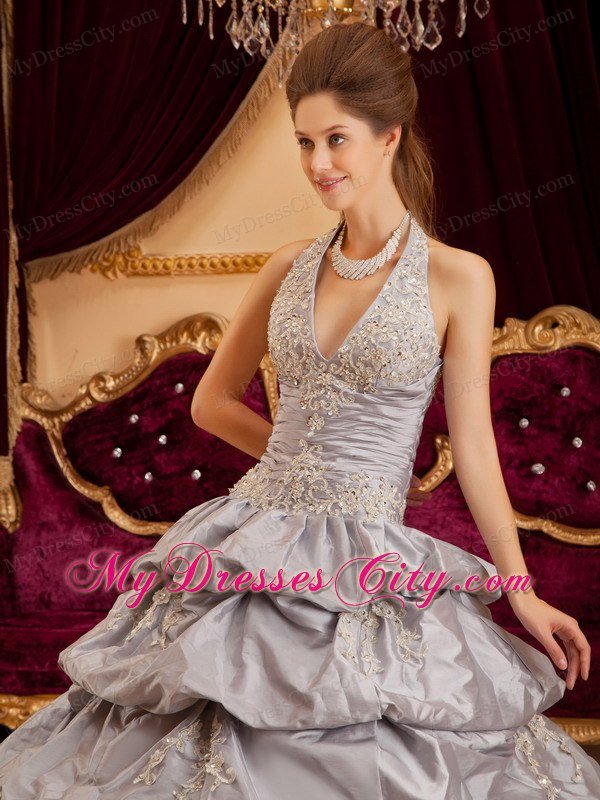 Grey Halter Taffeta Appliques Tiered Quinceanera Dress 2013