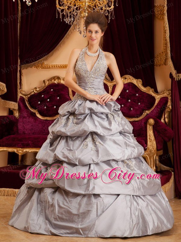 Grey Halter Taffeta Appliques Tiered Quinceanera Dress 2013