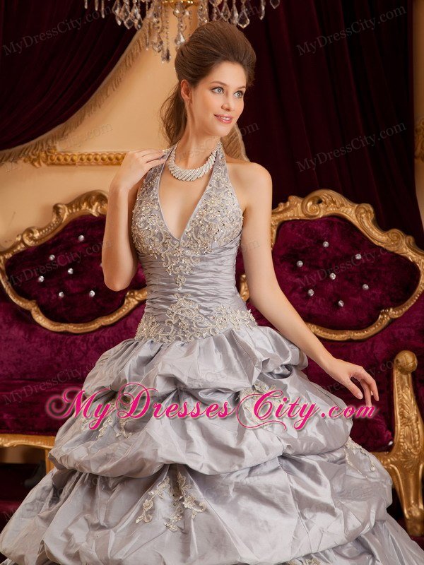 Grey Halter Taffeta Appliques Tiered Quinceanera Dress 2013