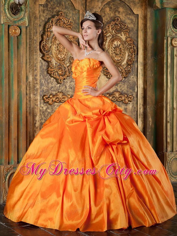 Sweetheart Ruched Taffeta Appliques Orange Quinceanera Dress