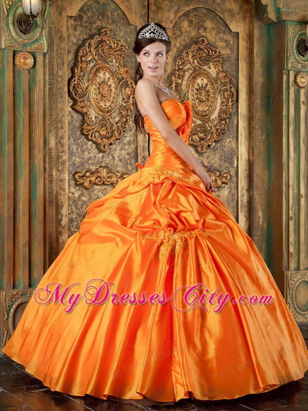 Sweetheart Ruched Taffeta Appliques Orange Quinceanera Dress