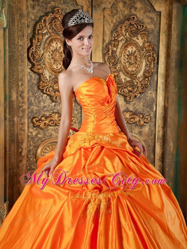 Sweetheart Ruched Taffeta Appliques Orange Quinceanera Dress