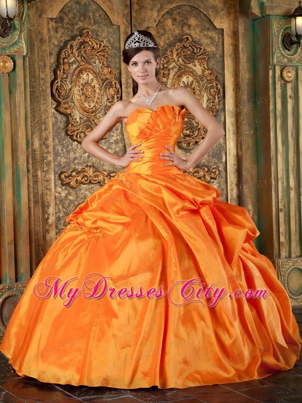 Sweetheart Ruched Taffeta Appliques Orange Quinceanera Dress