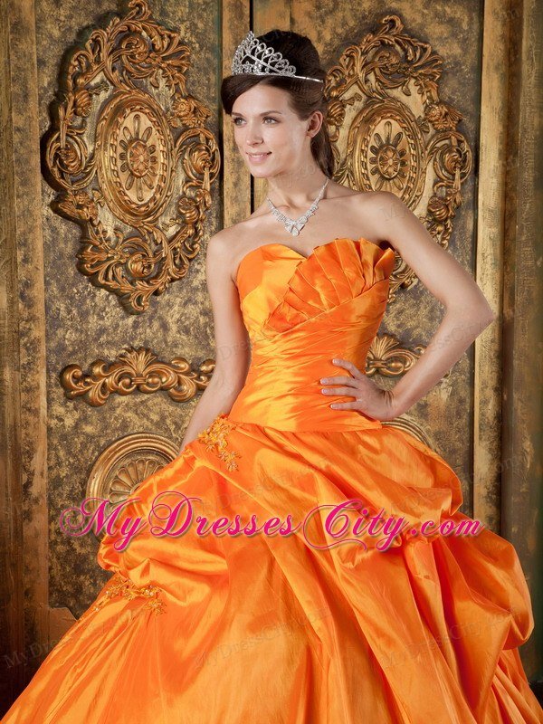 Sweetheart Ruched Taffeta Appliques Orange Quinceanera Dress