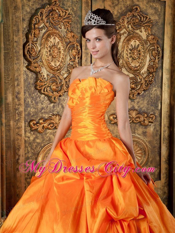 Sweetheart Ruched Taffeta Appliques Orange Quinceanera Dress