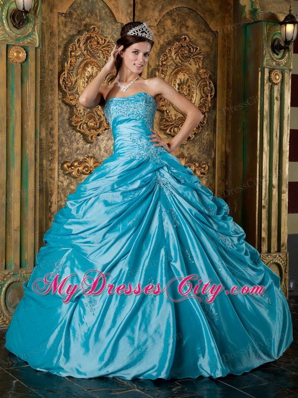 Latest Puffy Taffeta Appliques Pick Ups Teal Quinceanera Dress