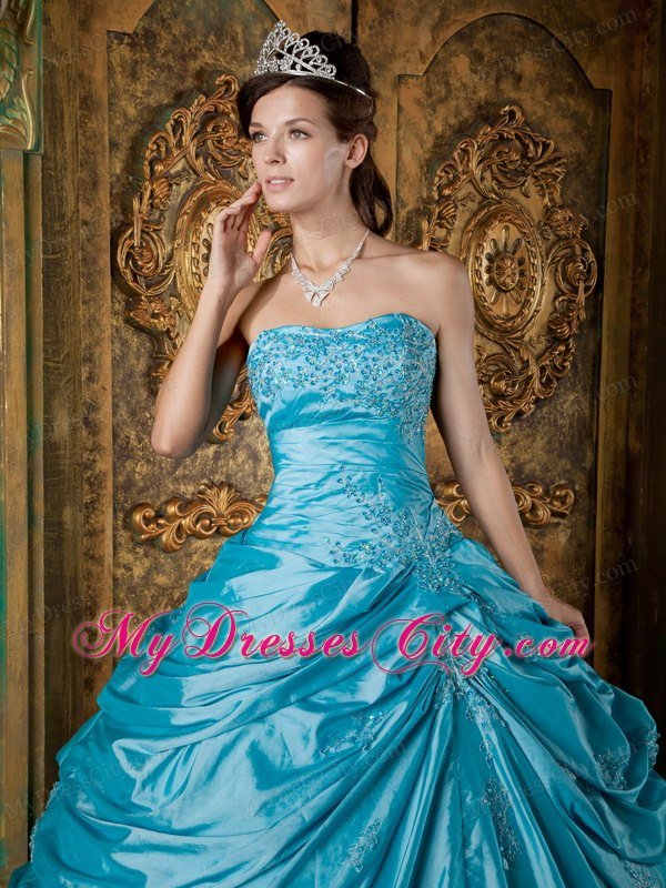 Latest Puffy Taffeta Appliques Pick Ups Teal Quinceanera Dress