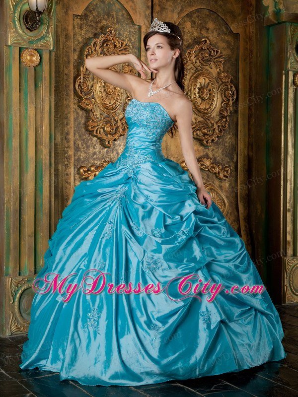 Latest Puffy Taffeta Appliques Pick Ups Teal Quinceanera Dress