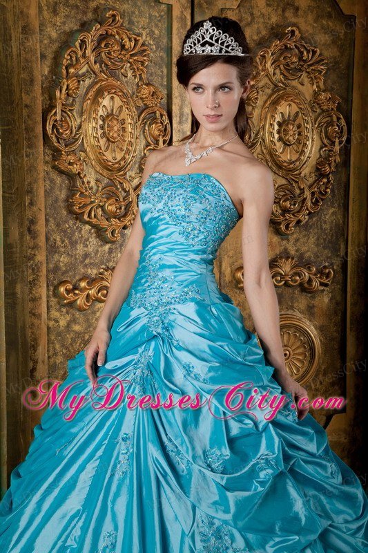 Latest Puffy Taffeta Appliques Pick Ups Teal Quinceanera Dress