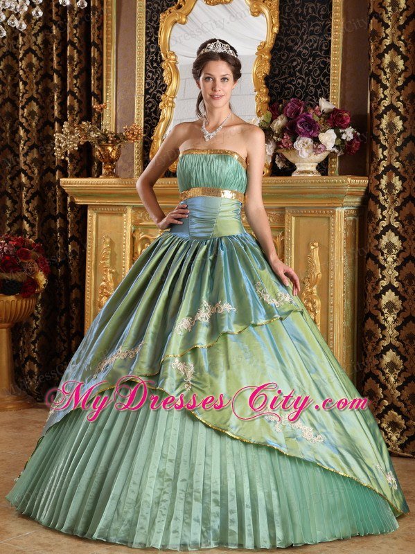 Olive Green Strapless Pleat Appliques Quinceanera Gowns 2013