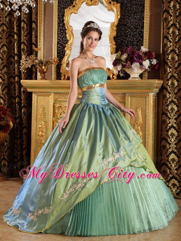 Olive Green Strapless Pleat Appliques Quinceanera Gowns 2013