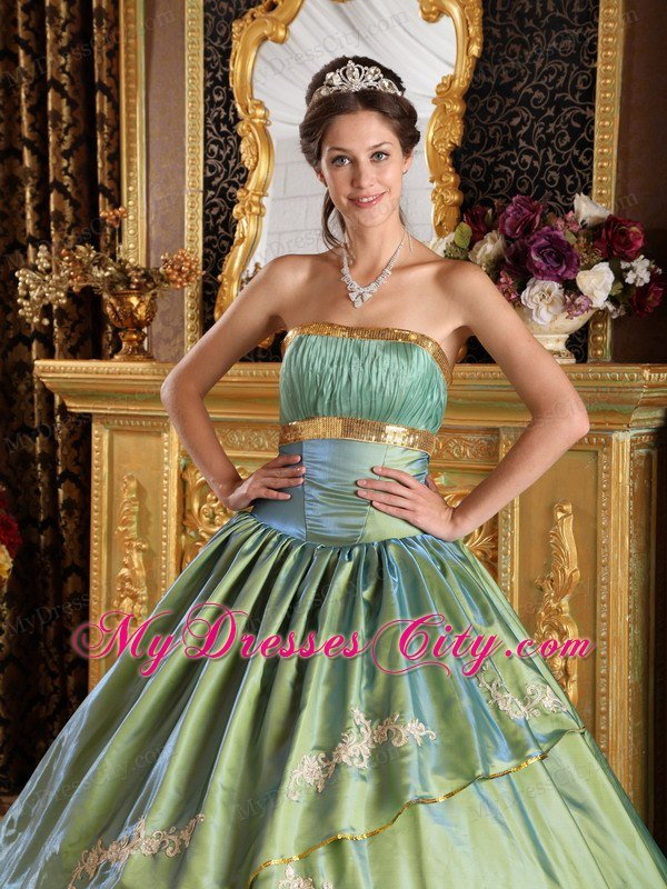 Olive Green Strapless Pleat Appliques Quinceanera Gowns 2013