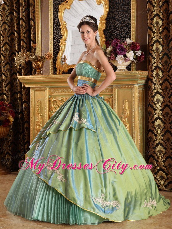 Olive Green Strapless Pleat Appliques Quinceanera Gowns 2013