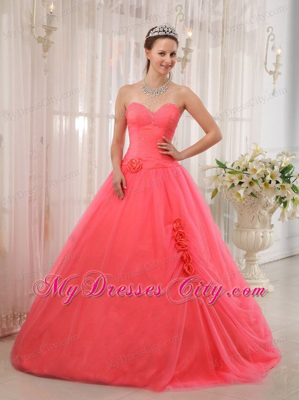 Tulle A-line Princess Flowers Beading Watermelon Quinceanera Dress