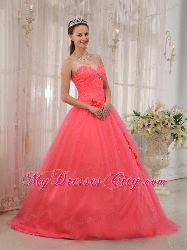 Tulle A-line Princess Flowers Beading Watermelon Quinceanera Dress