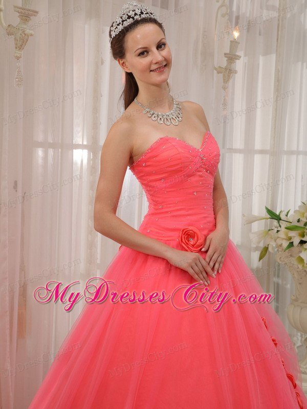 Tulle A-line Princess Flowers Beading Watermelon Quinceanera Dress