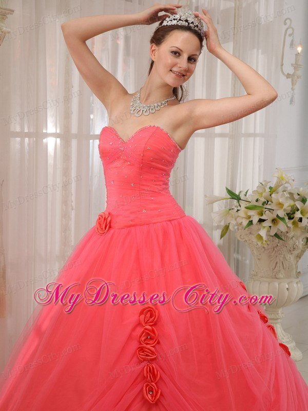 Tulle A-line Princess Flowers Beading Watermelon Quinceanera Dress