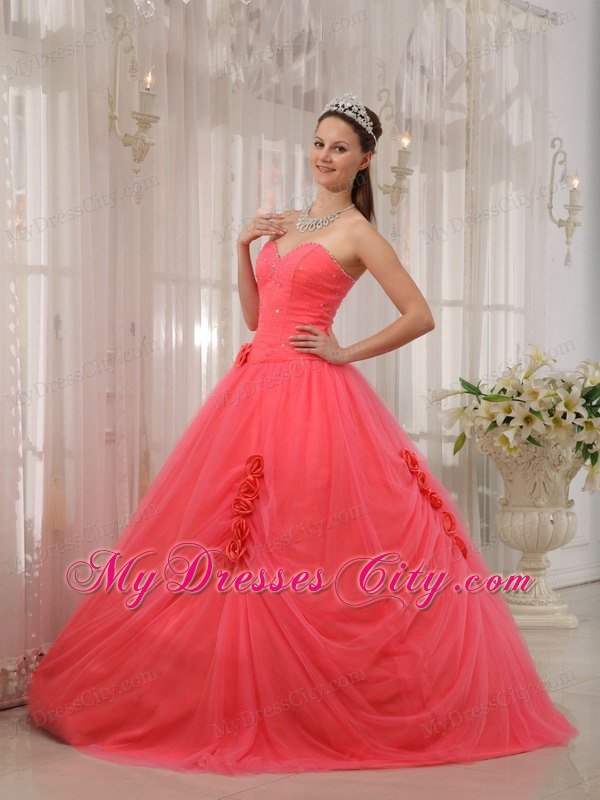 Tulle A-line Princess Flowers Beading Watermelon Quinceanera Dress