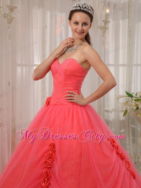 Tulle A-line Princess Flowers Beading Watermelon Quinceanera Dress