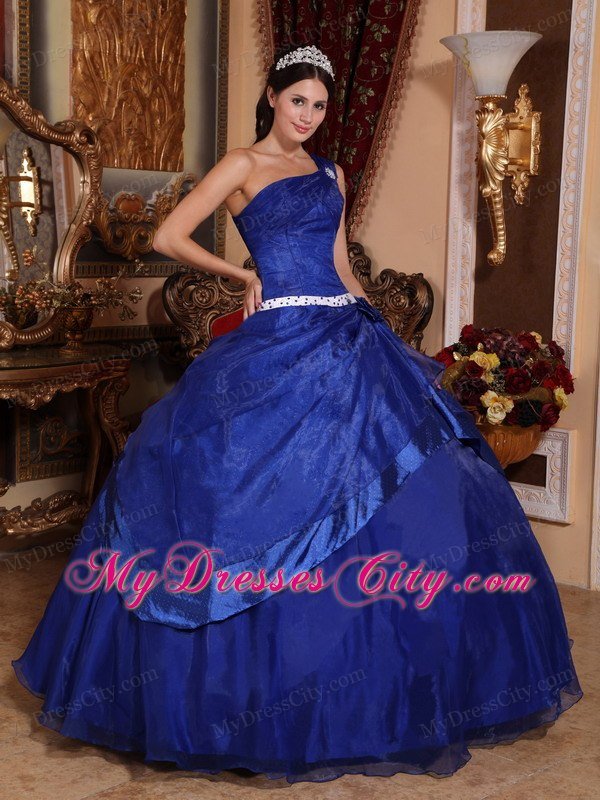 One Shoulder Organza Beading Royal Blue Quinceanera Gowns