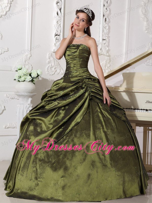 Ruches Strapless Taffeta Beading Olive Green Quinceanera Dress 2013