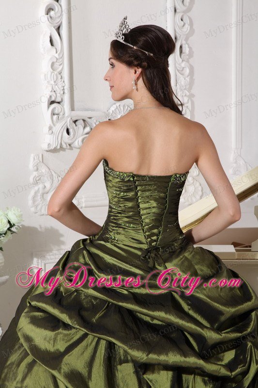 Ruches Strapless Taffeta Beading Olive Green Quinceanera Dress 2013