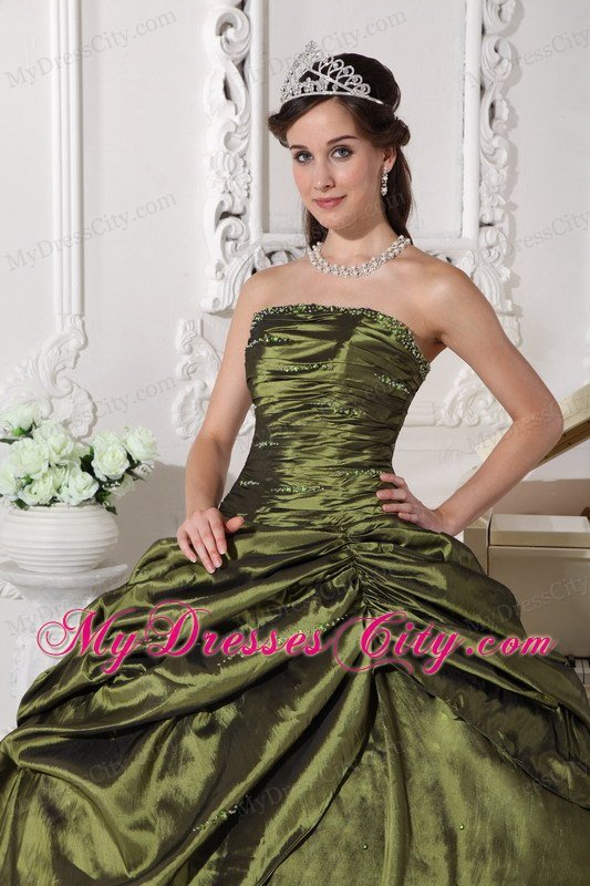 Ruches Strapless Taffeta Beading Olive Green Quinceanera Dress 2013