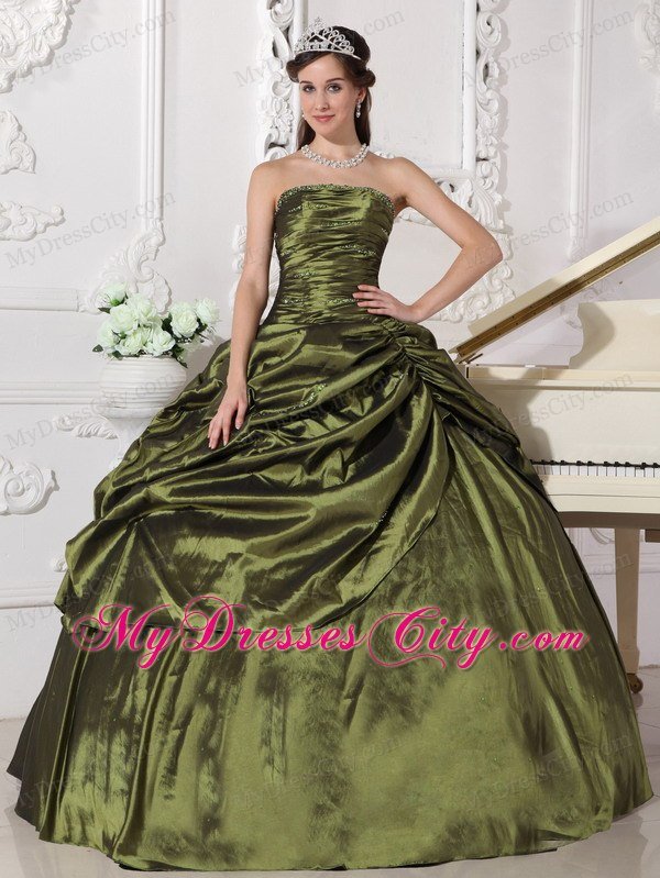 Ruches Strapless Taffeta Beading Olive Green Quinceanera Dress 2013