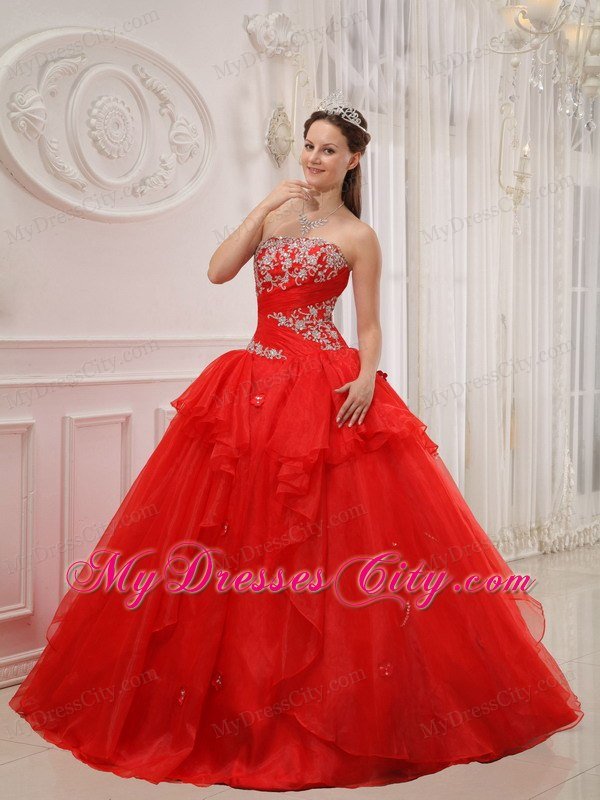 Strapless Organza Appliques 2013 Red Sweet Sixteen Dresses