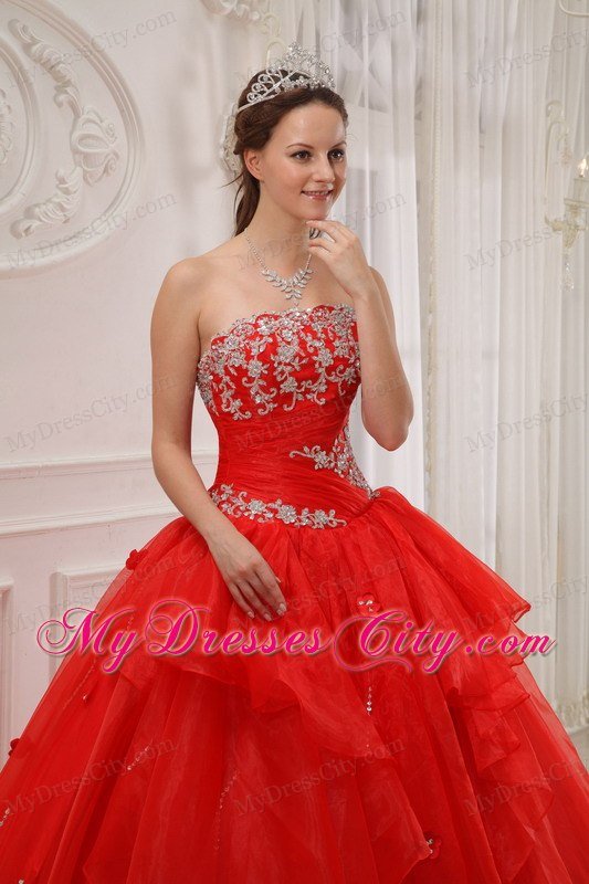 Strapless Organza Appliques 2013 Red Sweet Sixteen Dresses