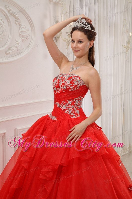 Strapless Organza Appliques 2013 Red Sweet Sixteen Dresses