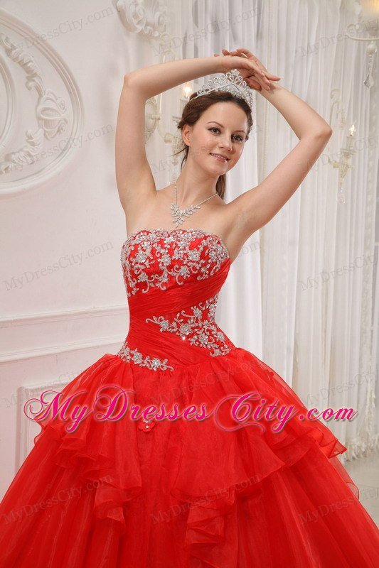 Strapless Organza Appliques 2013 Red Sweet Sixteen Dresses