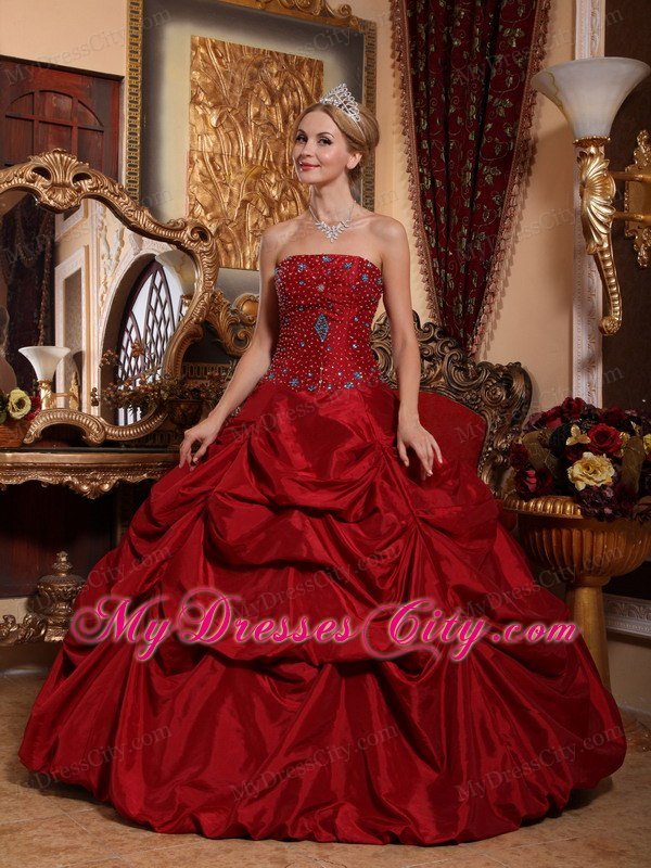 Tailor Made Strapless Pick Ups Red Beaded Quinceanera Dress