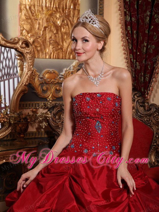 Tailor Made Strapless Pick Ups Red Beaded Quinceanera Dress