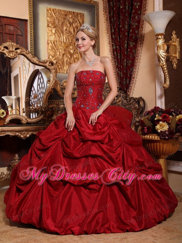 Tailor Made Strapless Pick Ups Red Beaded Quinceanera Dress