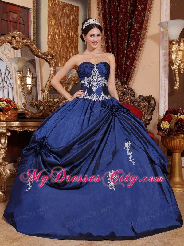 Sweetheart Taffeta Appliques Flowers 2013 Navy Blue Quinceanera Dress